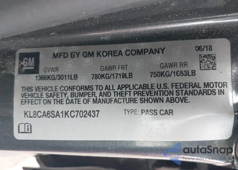 2019 Chevrolet Spark Ls Manual из США, поврежденный, VIN KL8CA6SA1KC702437